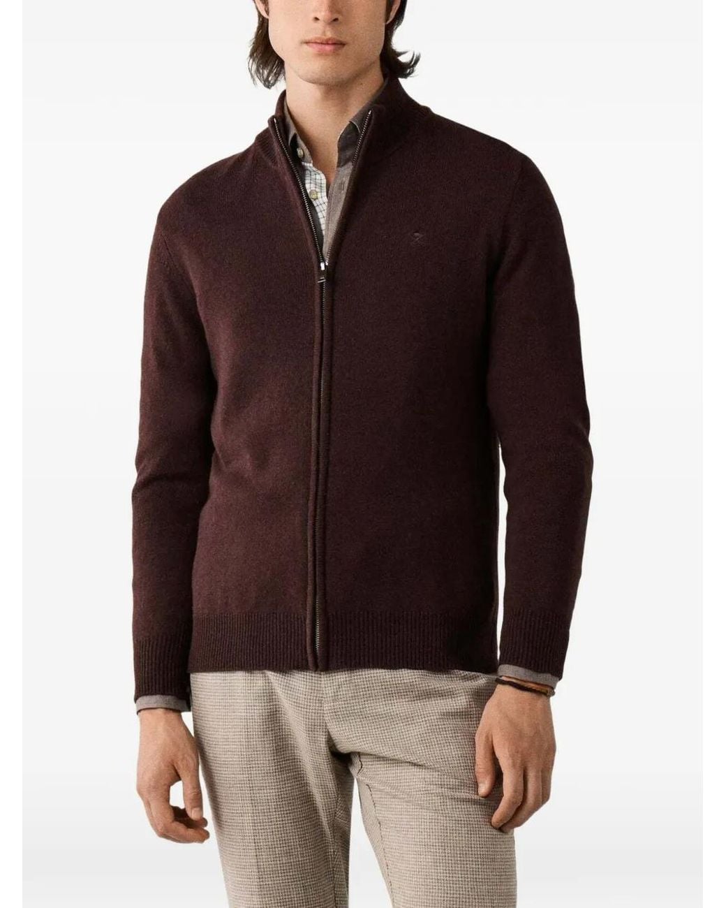 Hackett Brown Zip-Up Lambswool Cardigan for men