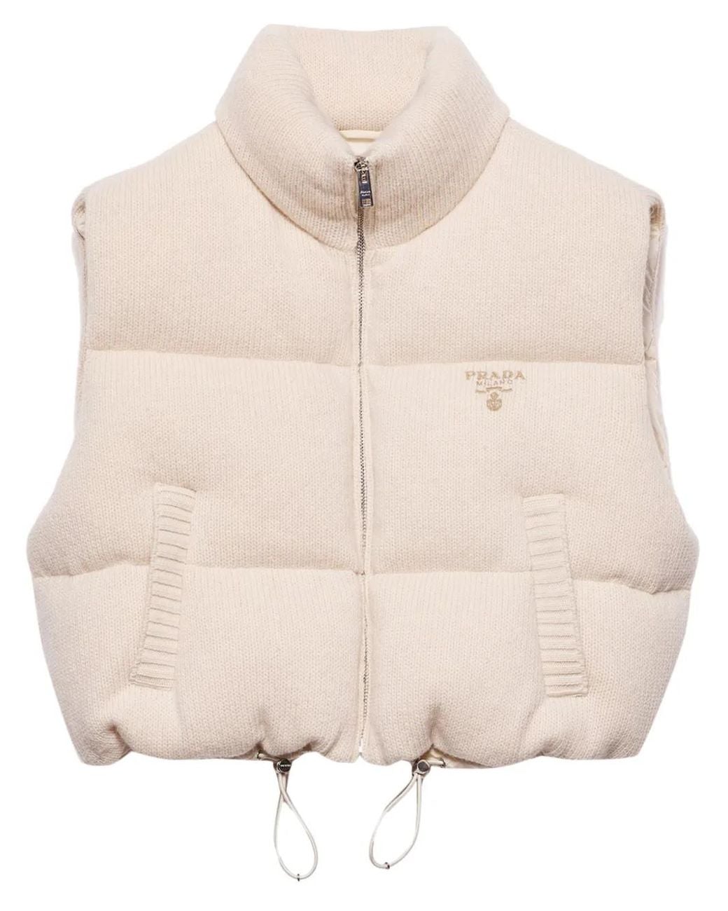 Prada Embroidered Logo Wool-Cashmere Down Vest in Natural | Lyst