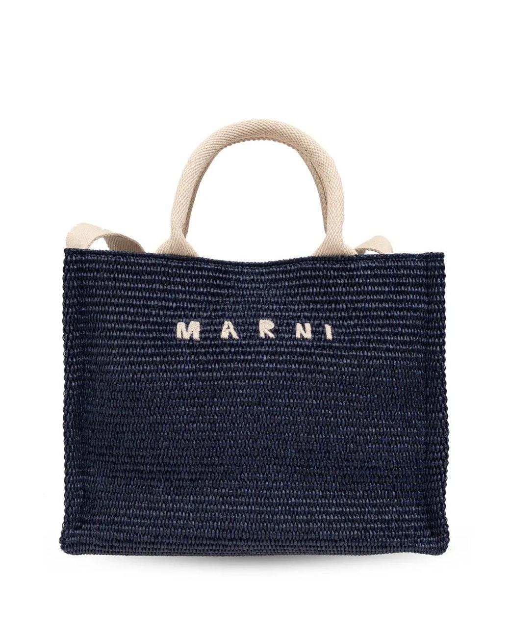 Marni Blue Raffia-Effect Small Tote Bag
