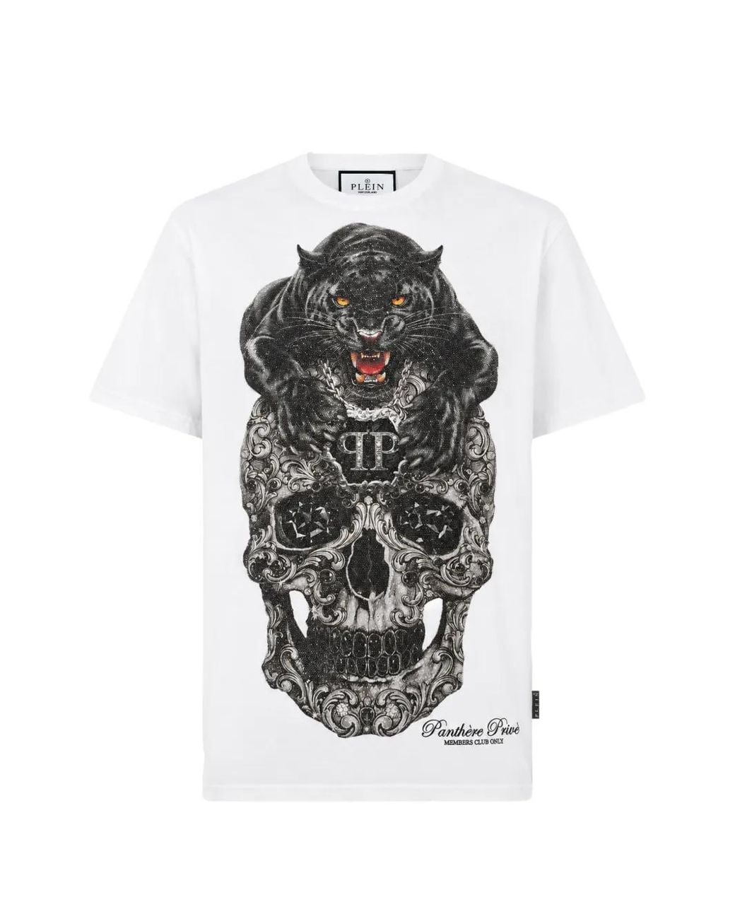 Philipp Plein White Round-Neck T-Shirt Panther Skull Stones for men
