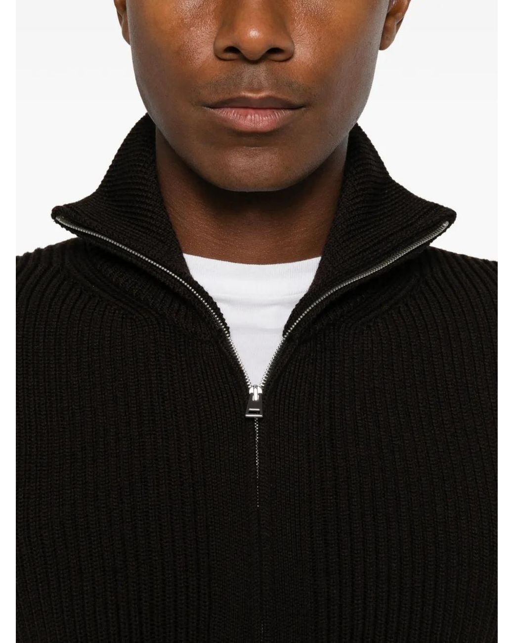LUIGI GENTILE Black Ribbed-Knit Zip-Up Cardigan for men