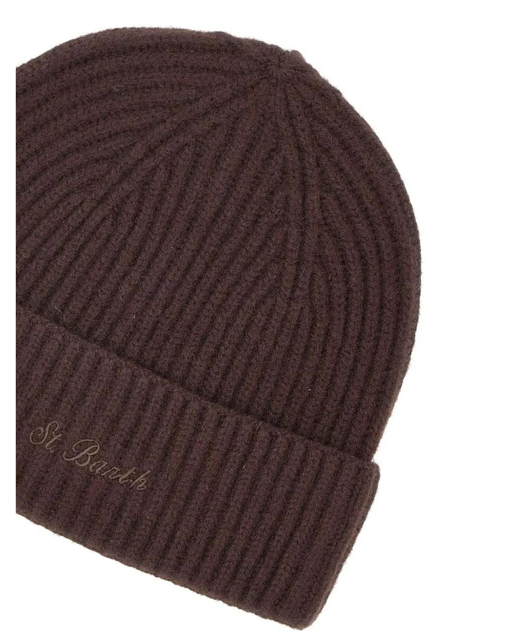 Mc2 Saint Barth Brown Moss Wool Beanie Hat With Logo Embroidery