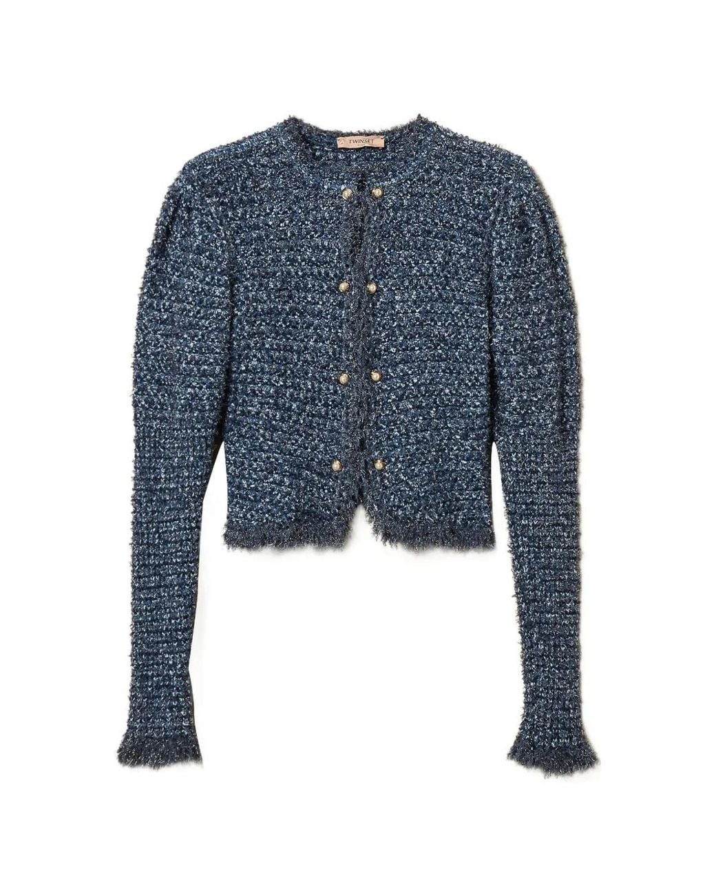 Twinset Blue Jacquard Knit Fitted Jacket With Lurex
