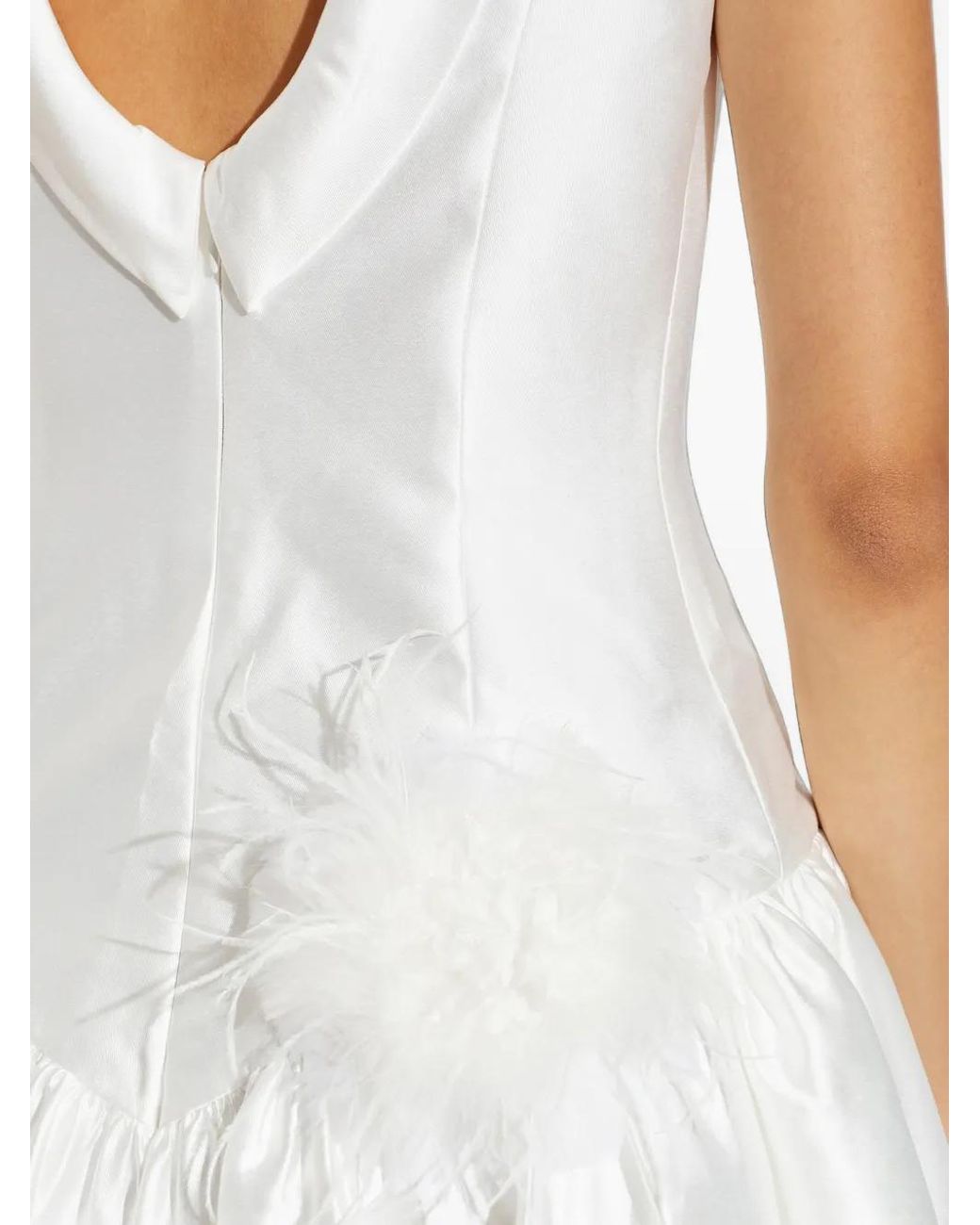 Self-Portrait White Feather-Embellished Satin Midi Dress