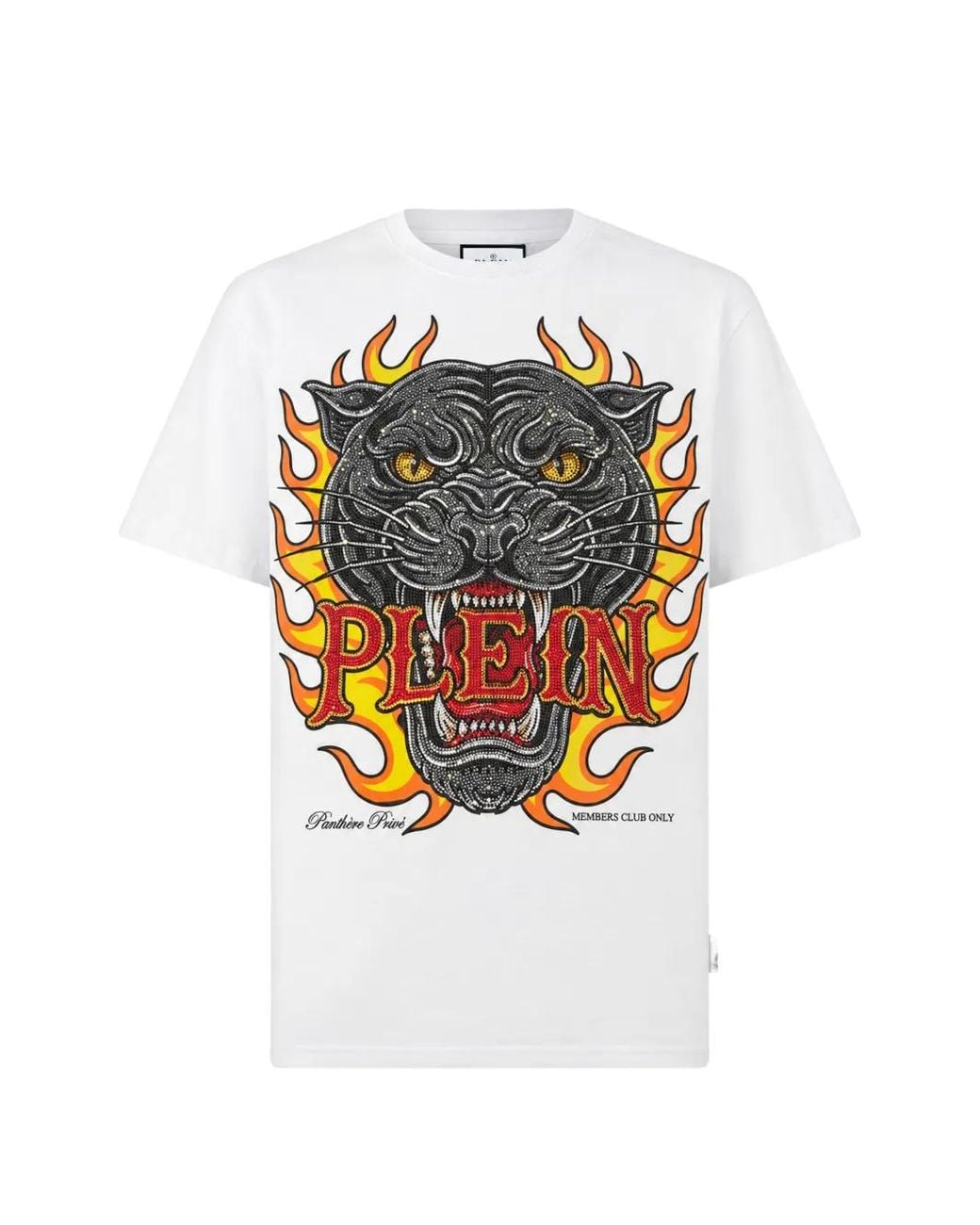 Philipp Plein White Round-Neck T-Shirt Big-Panther Flames Stones for men