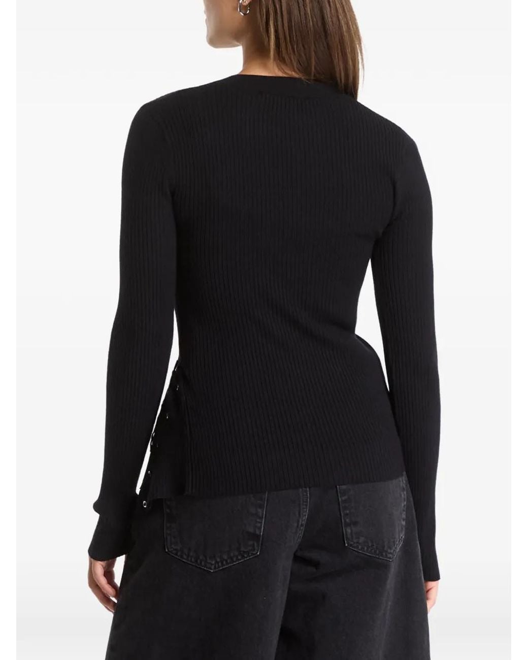 Karl Lagerfeld Black Lace-Up Ribbed Sweater