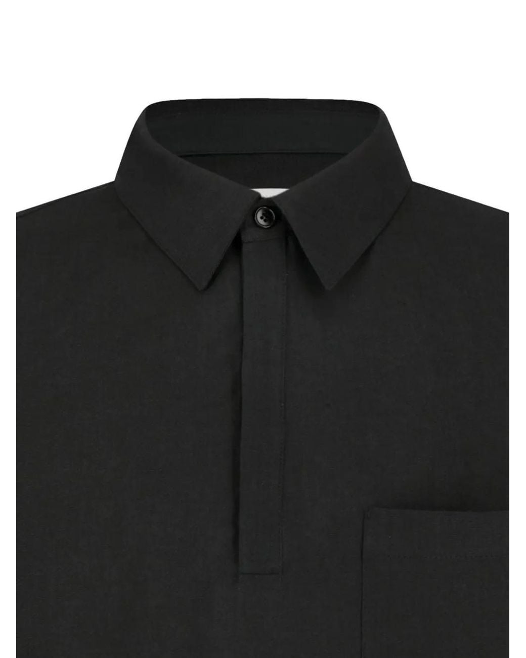 Amomento Black Chest-Pocket Linen Polo Shirt for men