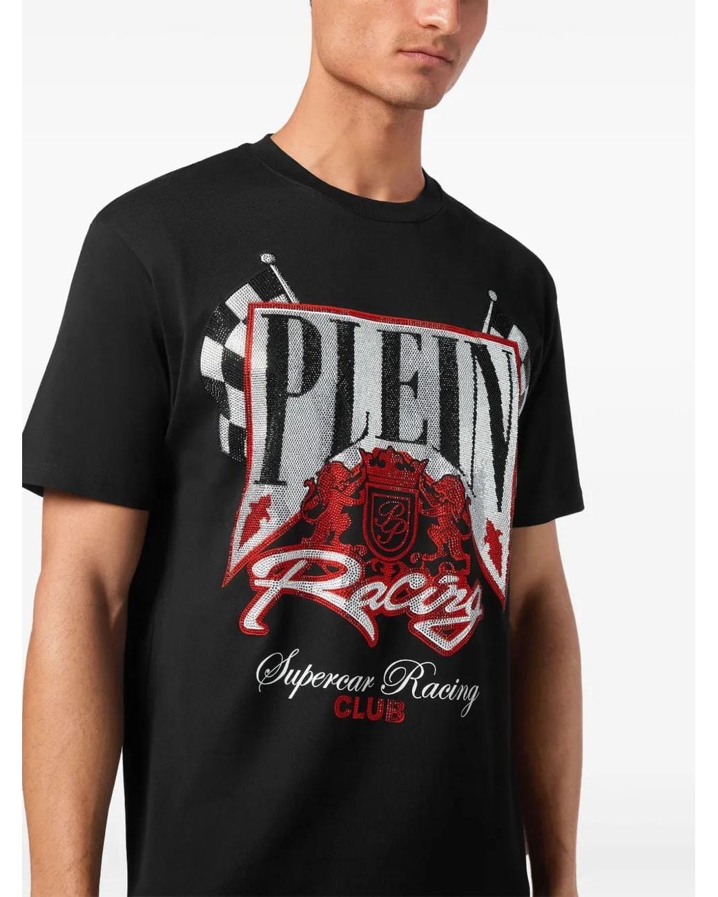 Philipp Plein Black Strass Racing Club T-Shirt for men