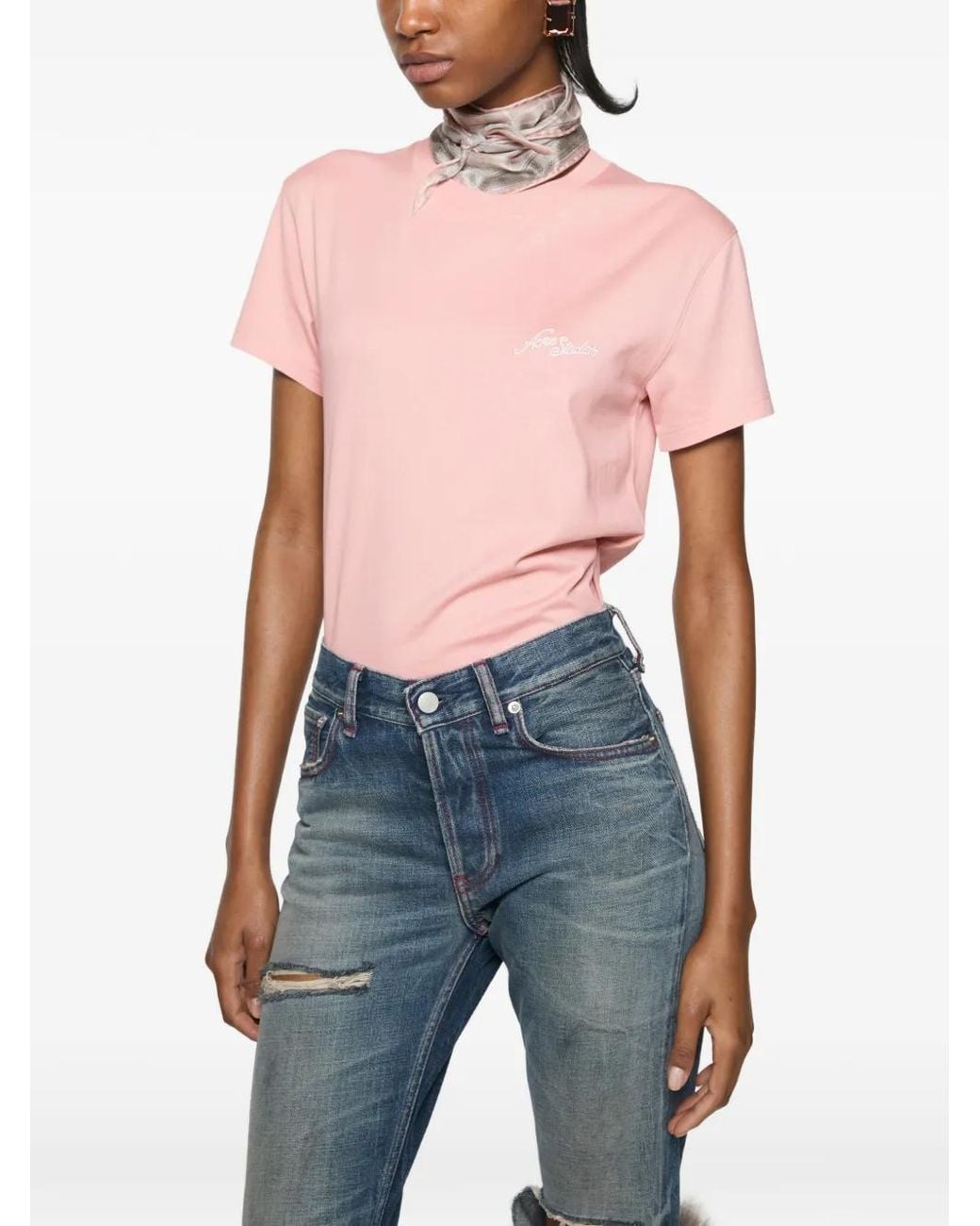 Acne Pink Fitted T-Shirt With Logo