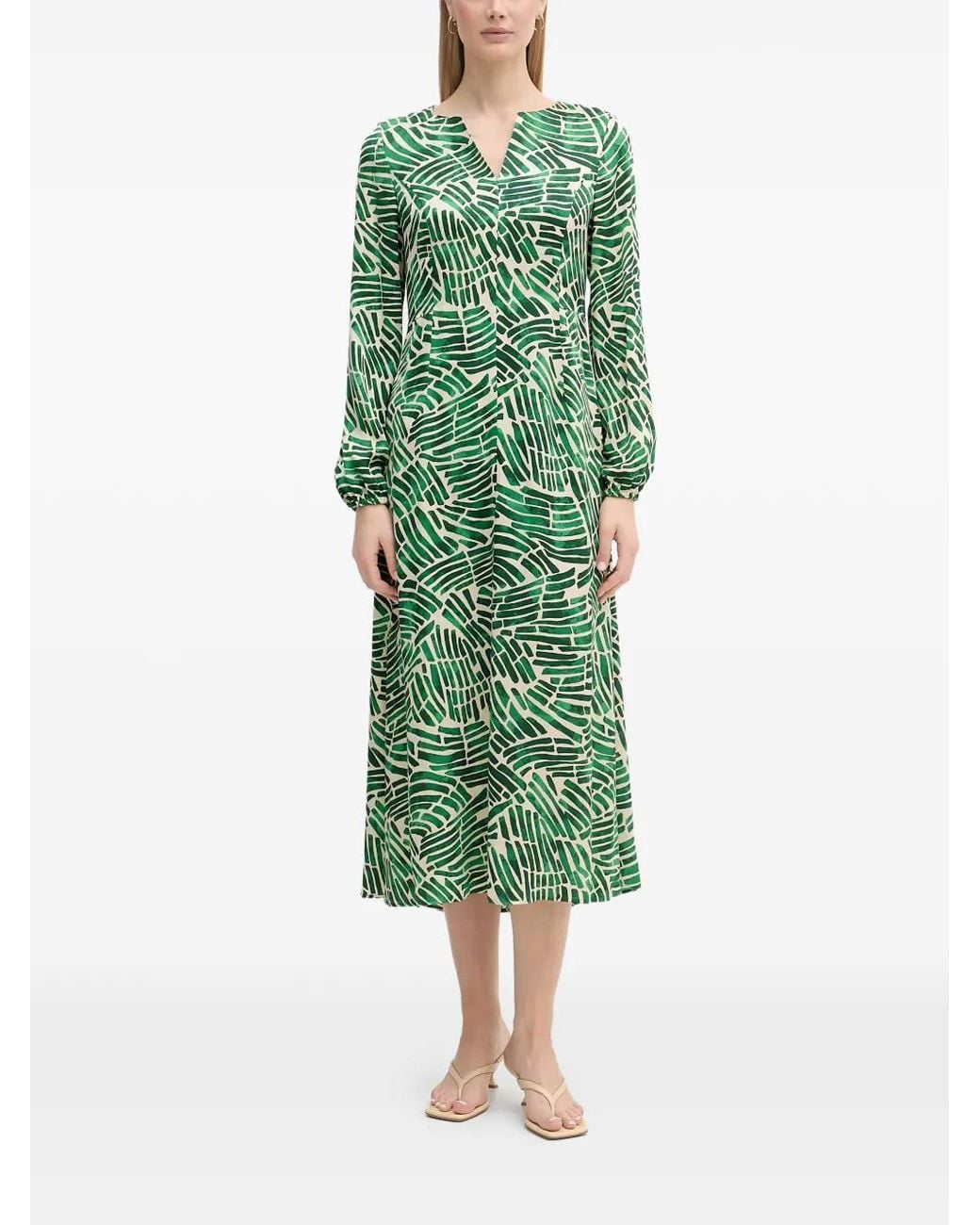 MARC AUREL Green Abstract-Print Long-Sleeve Midi Dress