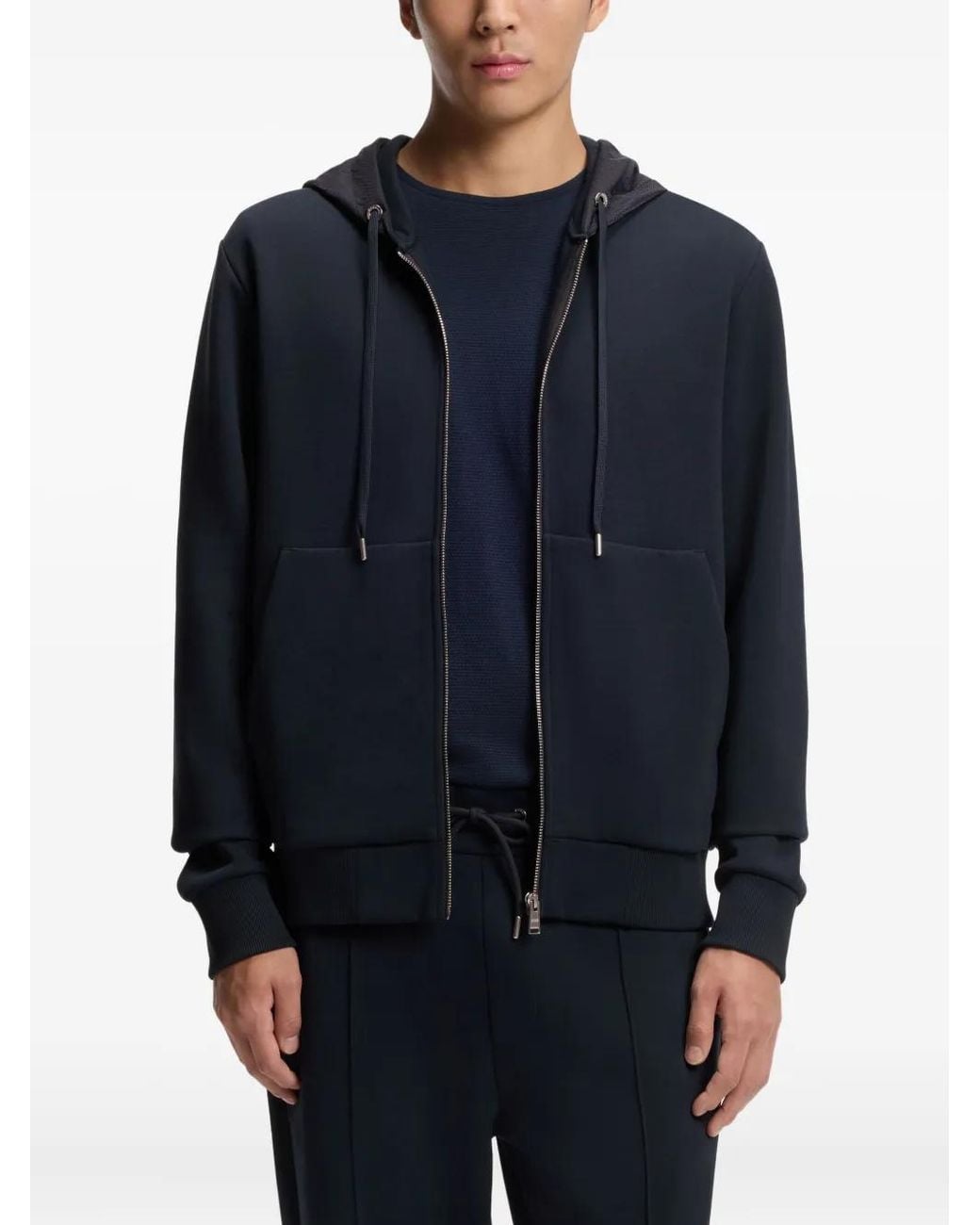 Boss Blue Zip-Up Hoodie With Monogram Hood for men