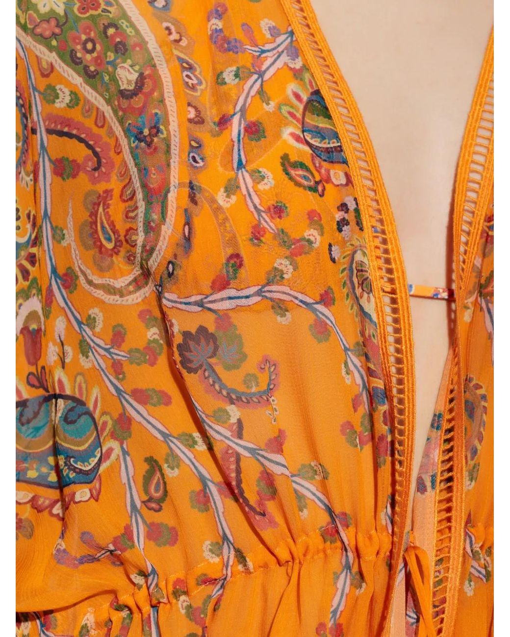 Etro Orange Paisley Crochet-Detail V-Neck Midi Dress