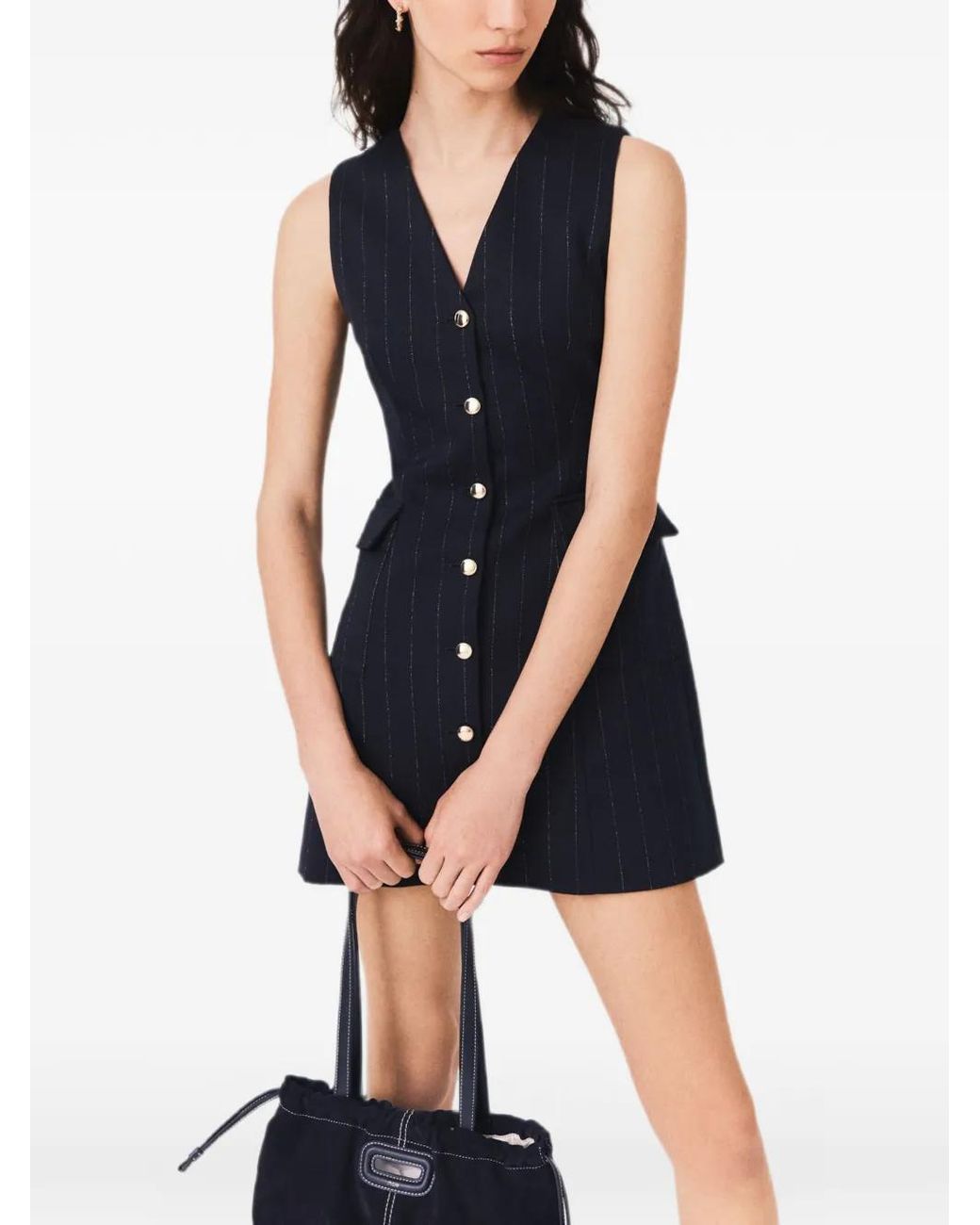Maje Blue Sleeveless Tailored Lurex Dress