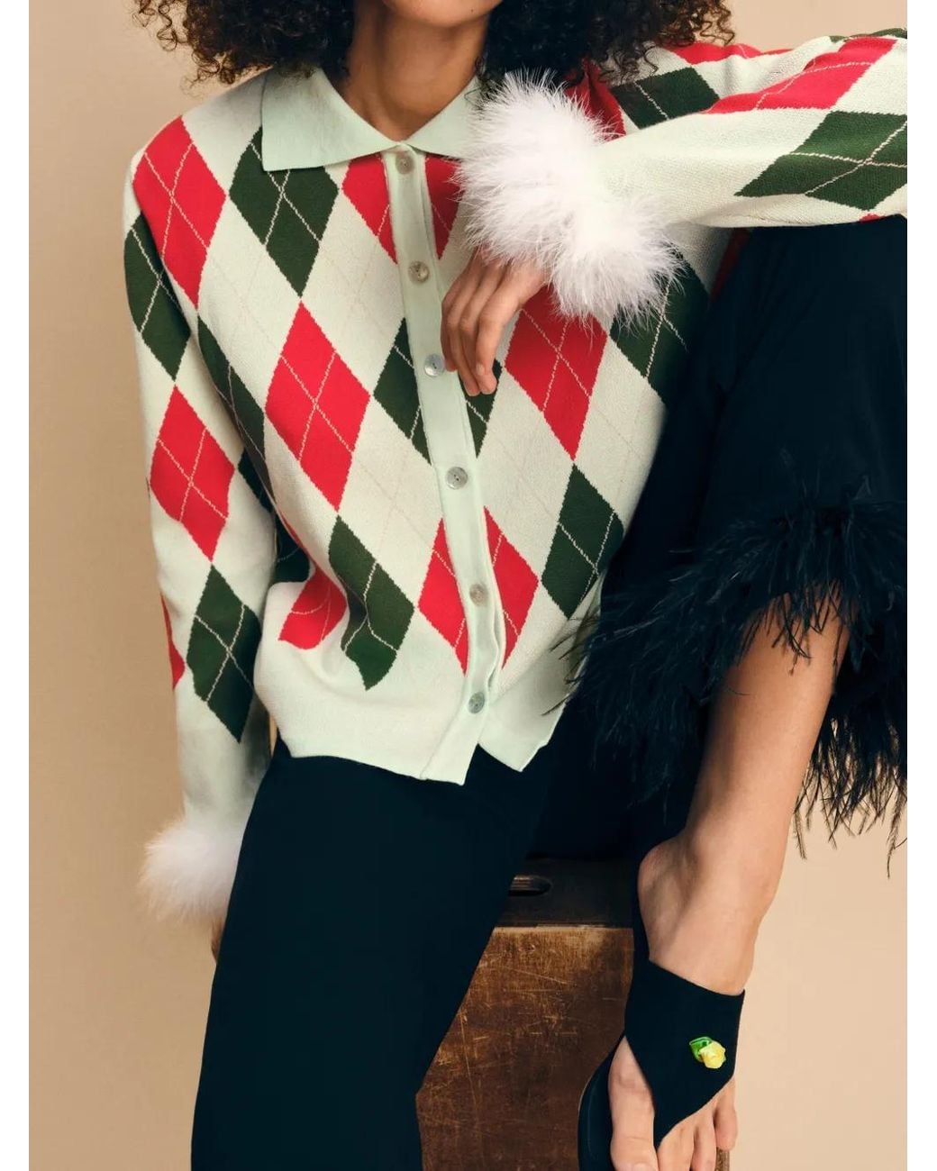 Sleeper White Argyle Feather-Trim Cardigan