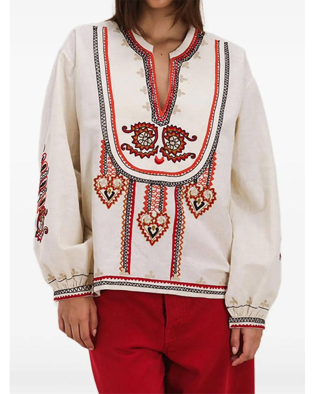 Fortela Pink Cinthya V-Neck Front-Embroidered Blouse