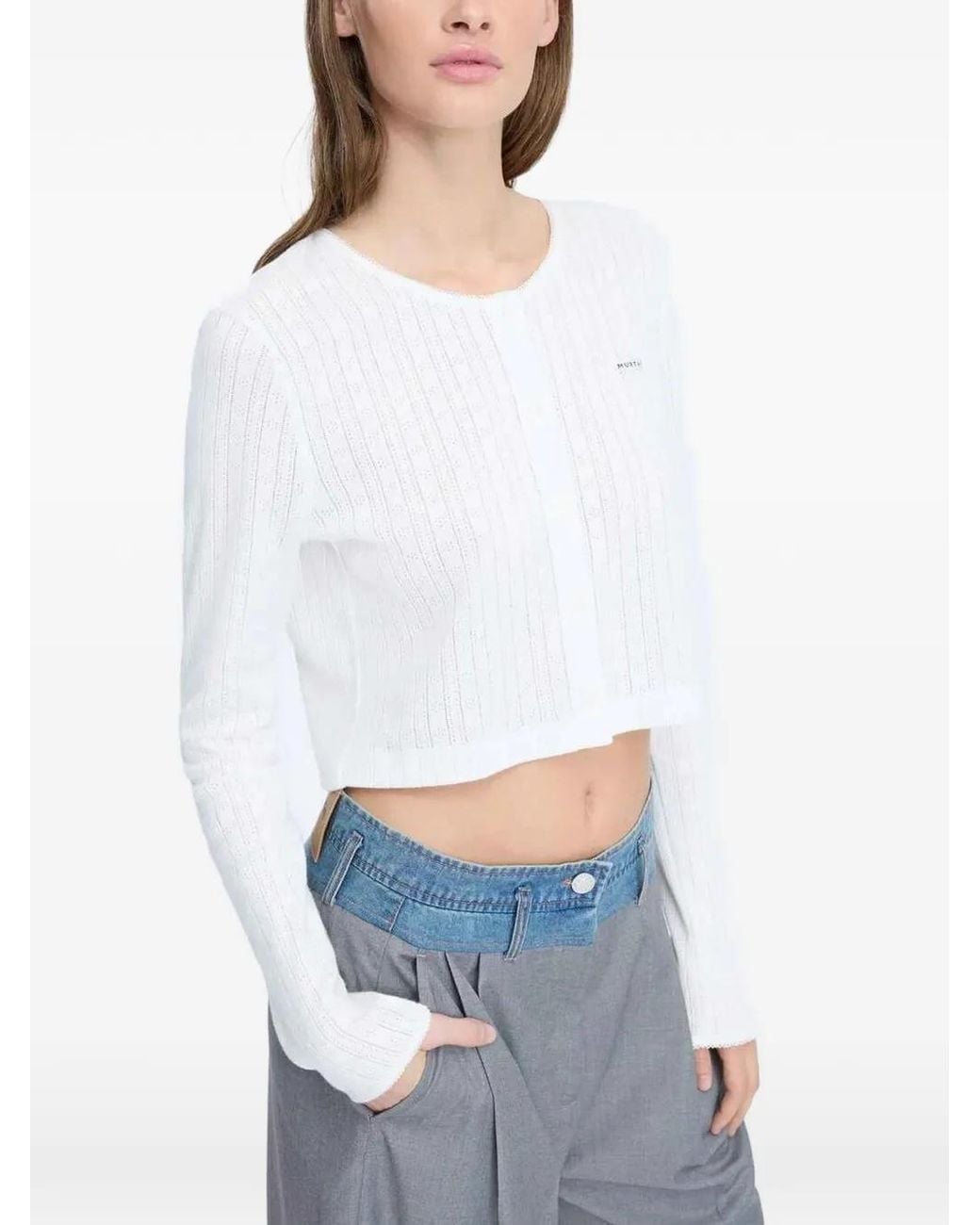 Munthe White Noelis Pointelle-Knit Cropped Cardigan