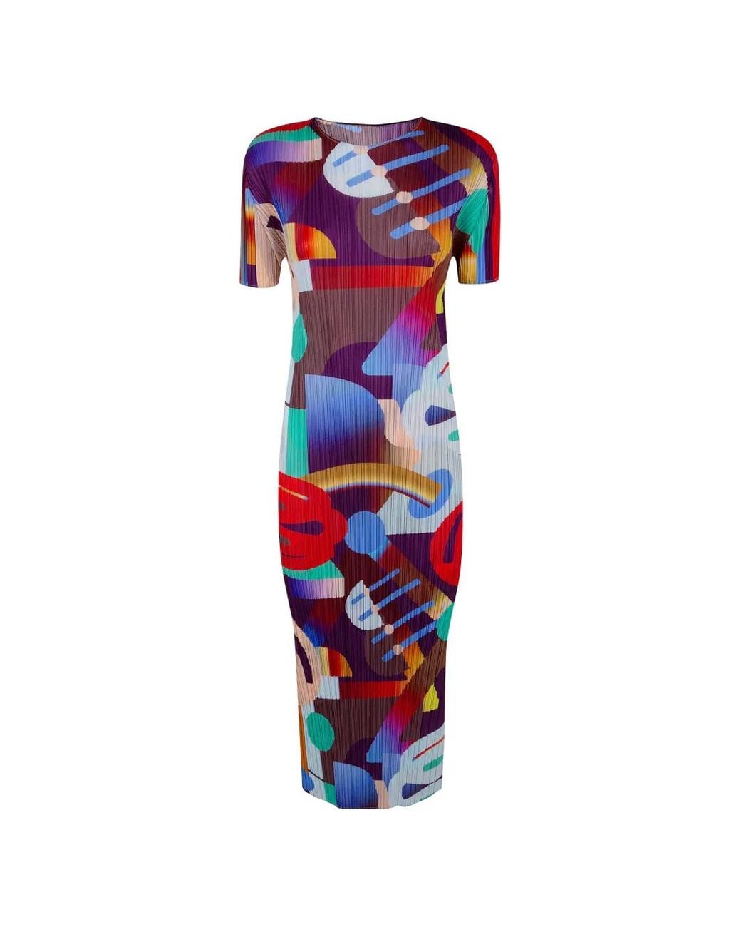 Pleats Please Issey Miyake Red Playground Abstract-Print Pleated Midi Dress