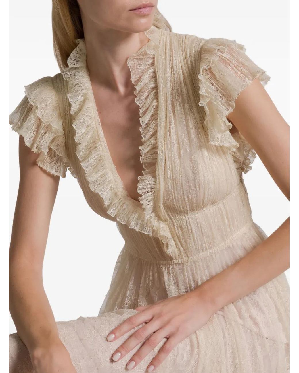 Alberta Ferretti Natural Ruffled Lace Maxi Dress