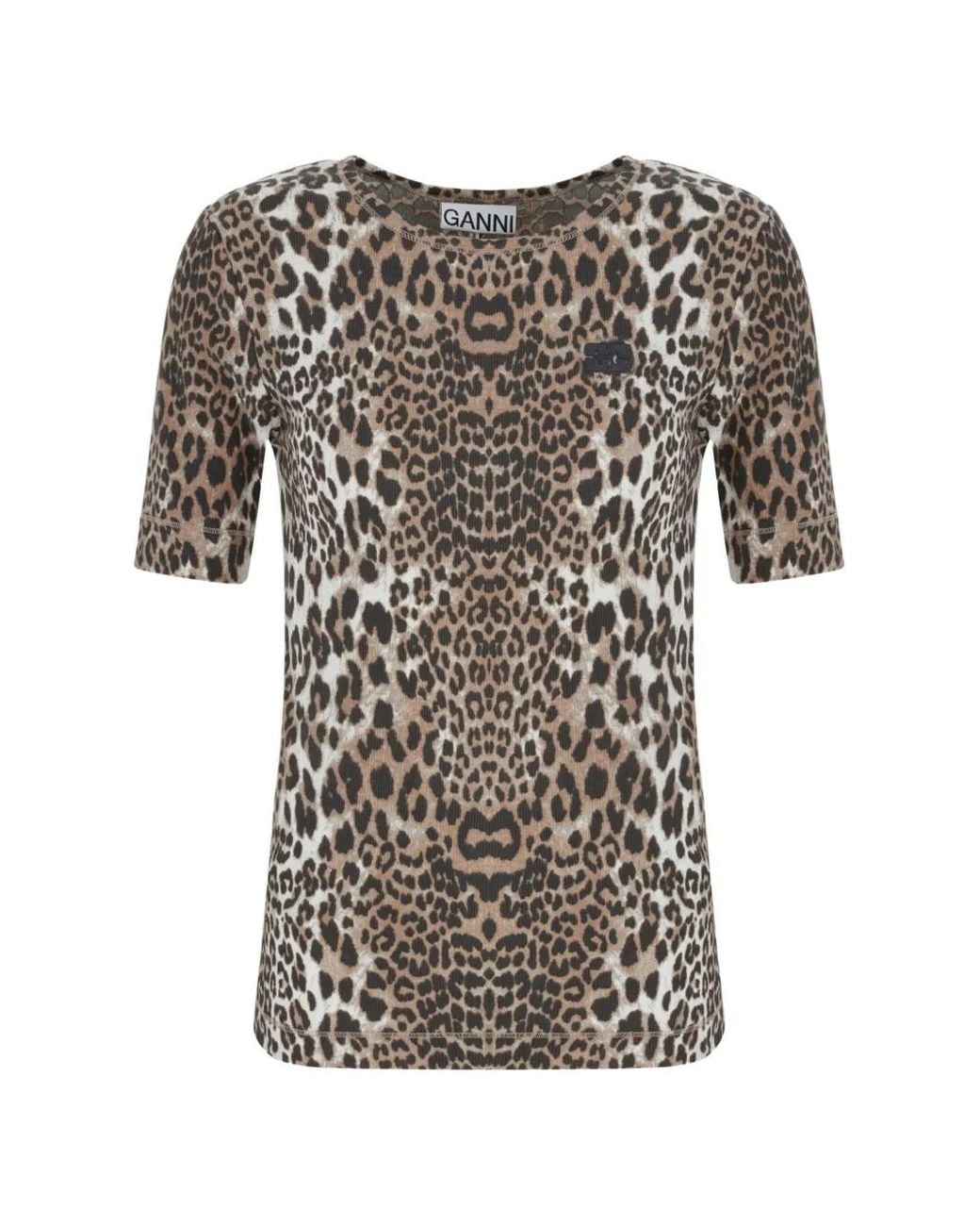 Ganni Natural Leopard-Print Logo-Patch T-Shirt
