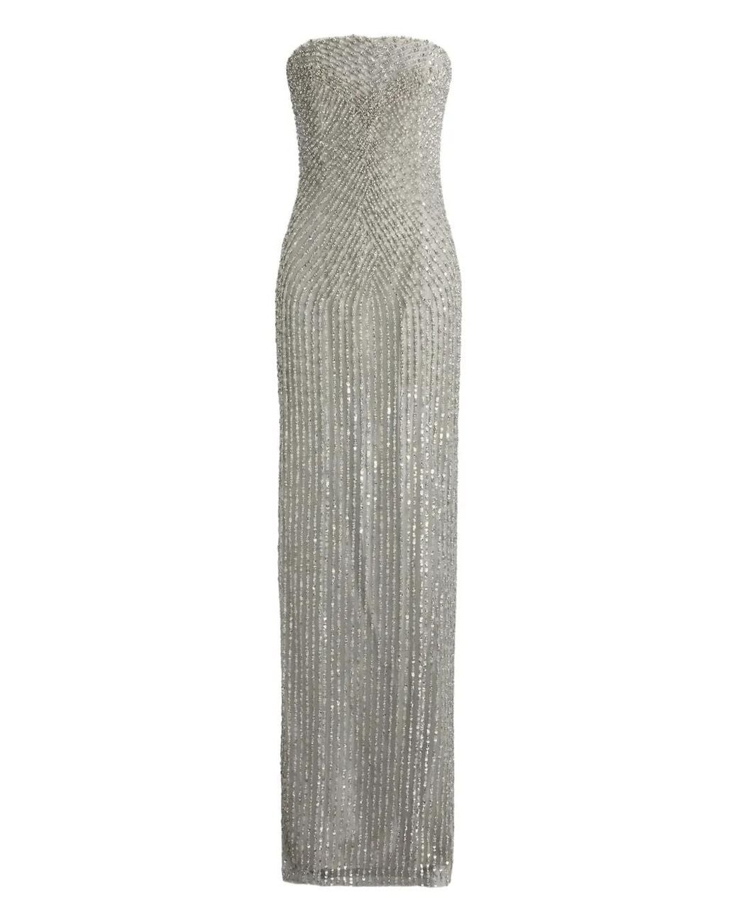 Ralph Lauren Gray Embellished Slit Maxi Evening Dress