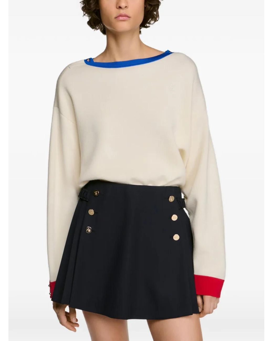 Sandro White Contrast Round-Neck Wool Sweater