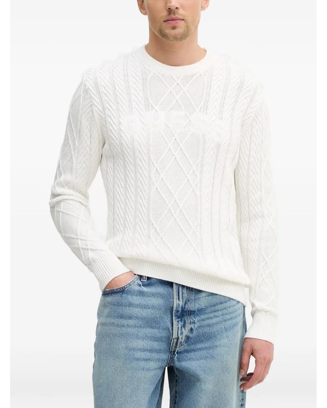 Guess White Konrad Textured-Knit Sweater for men