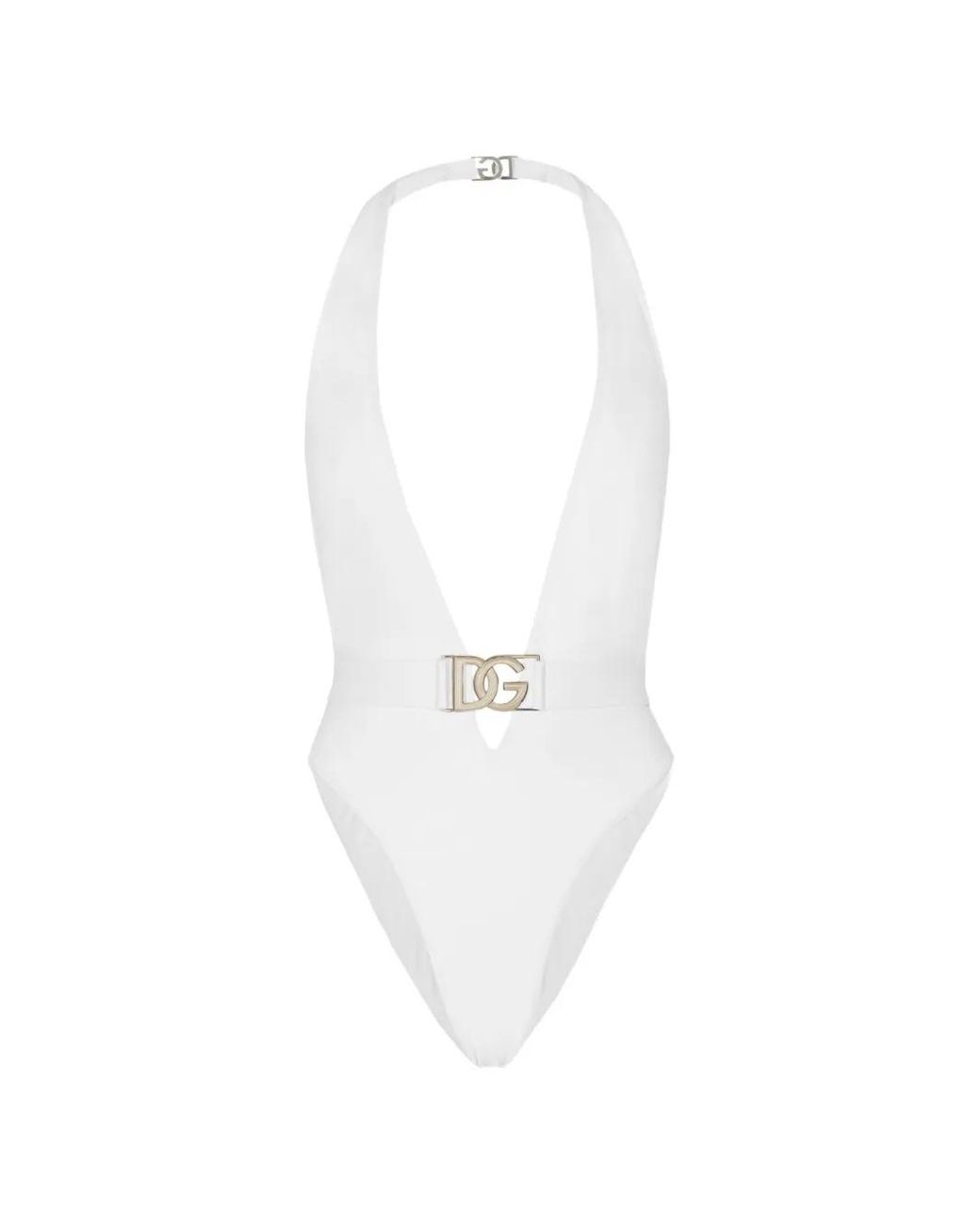 Dolce & Gabbana White Plunge-Neck Belted Swimsuit