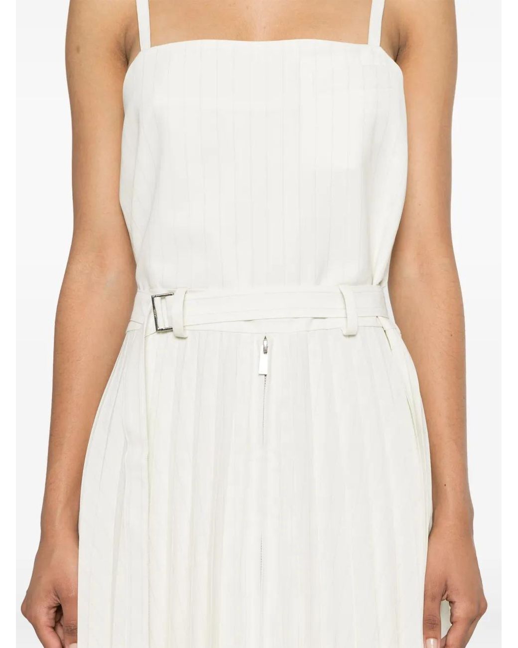 Sacai White Pinstriped Pleated Maxi Dress