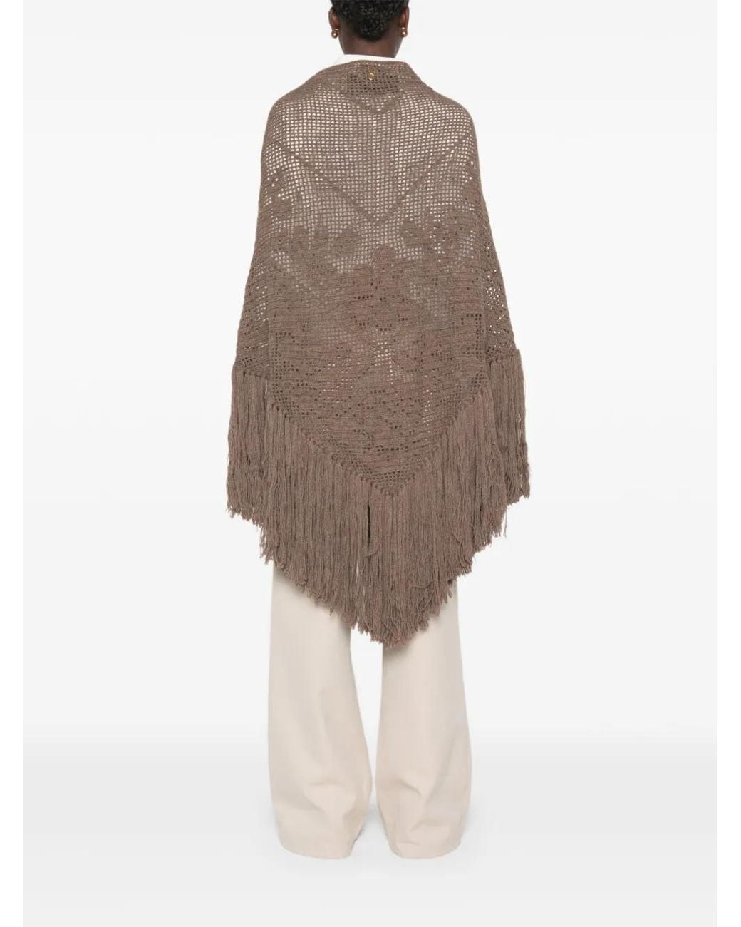 Chiara Is Brown Fringed-Hem Crochet-Knit Cape