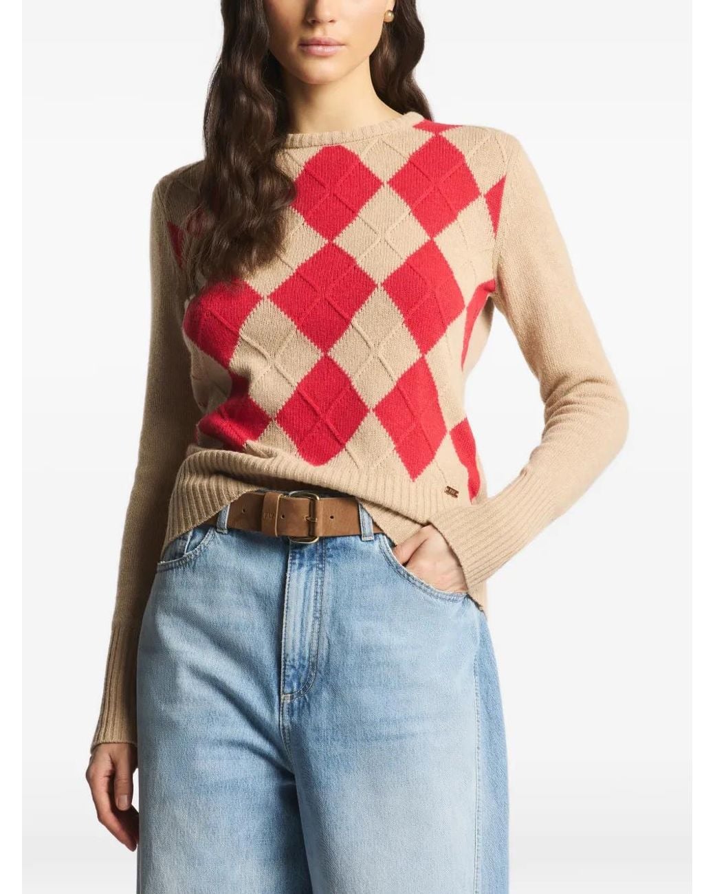 Fay Pink Argyle-Pattern Cable-Knit Sweater