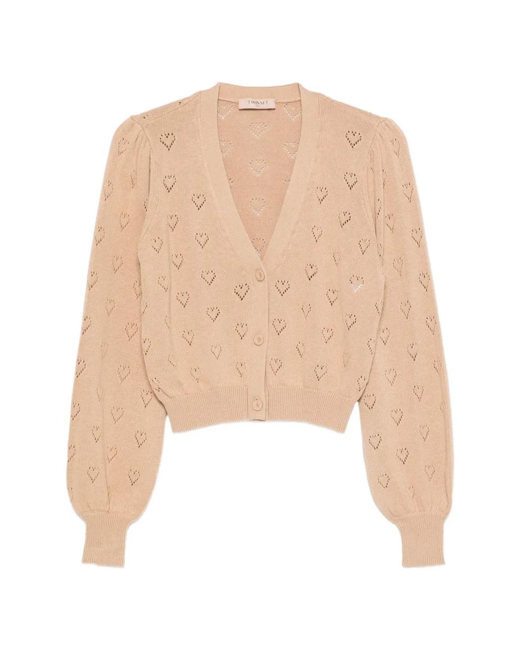 Twinset Natural Pointelle-Knit Heart-Motif Cardigan