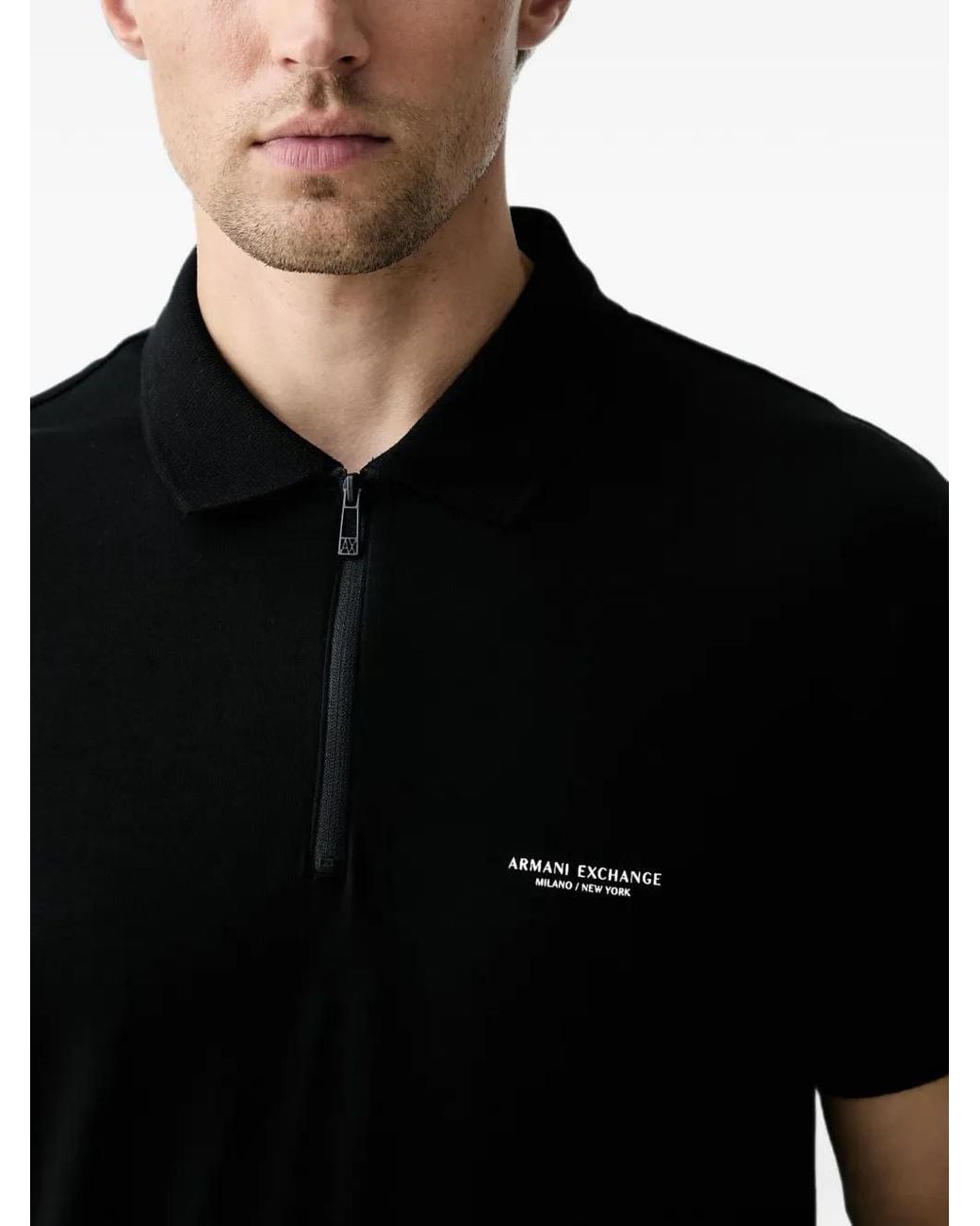 ARMANI EXCHANGE Black Logo-Print Zip-Up Polo Shirt for men