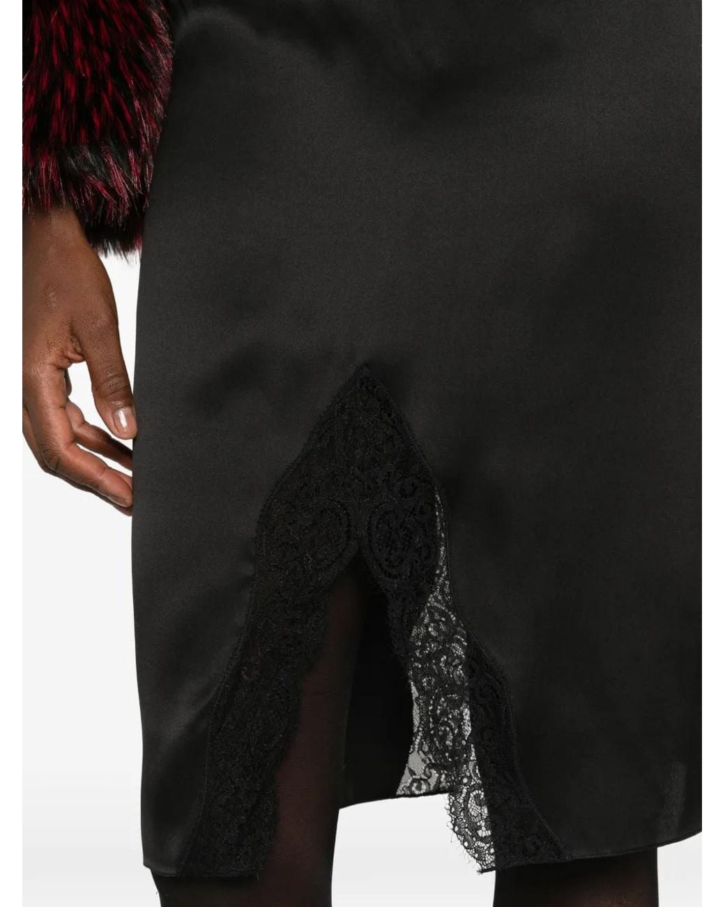 Saint Laurent Black Lace-Trim Satin Midi Skirt
