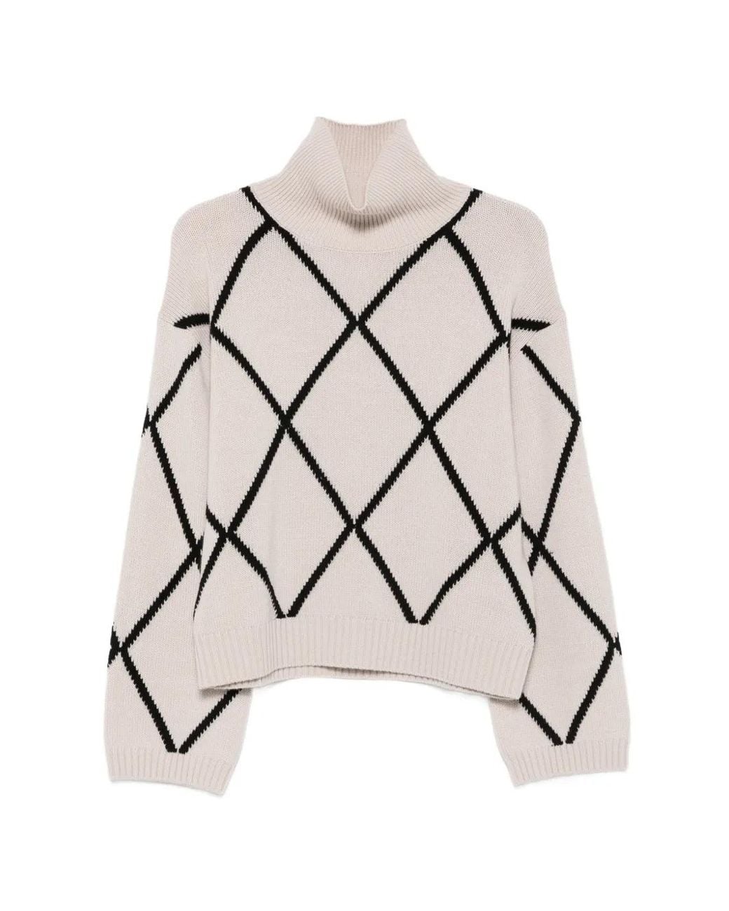 Allude Natural Argyle-Pattern Roll-Neck Sweater
