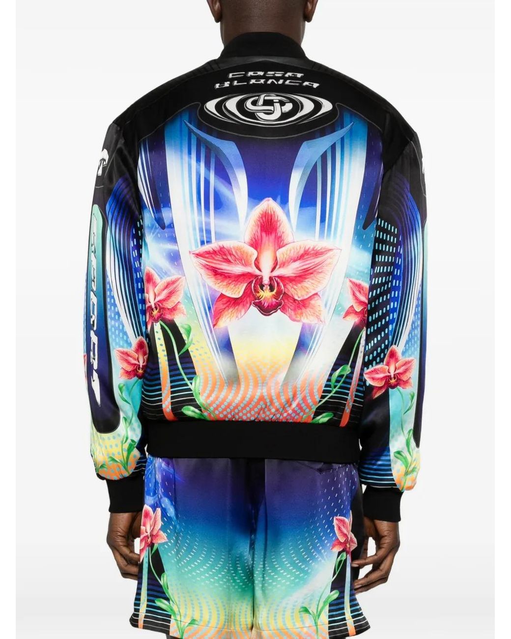 Casablanca Black Orchid Racer Printed Silk Bomber Jacket for men