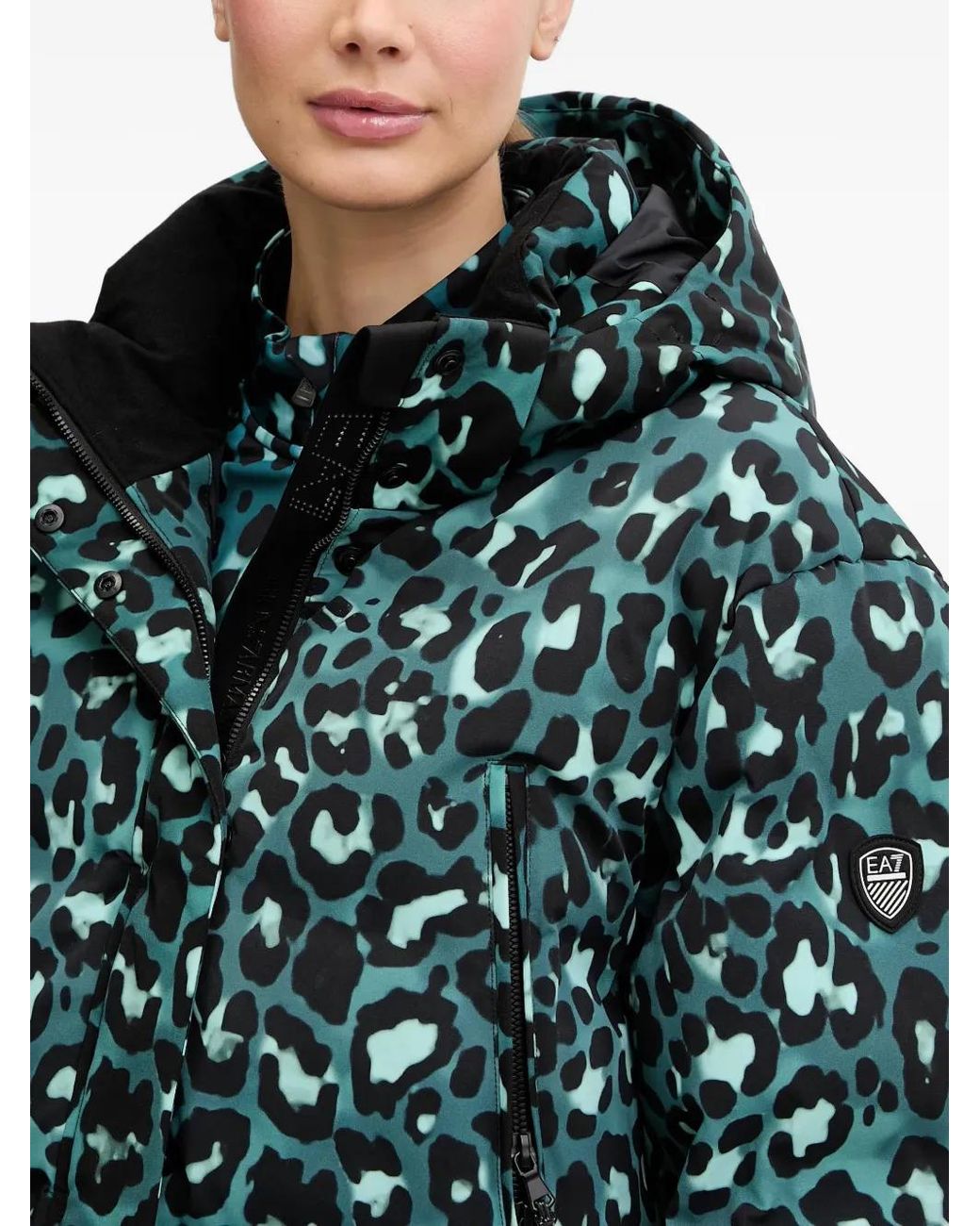 EA7 Green Hooded Leopard-Print Jacket