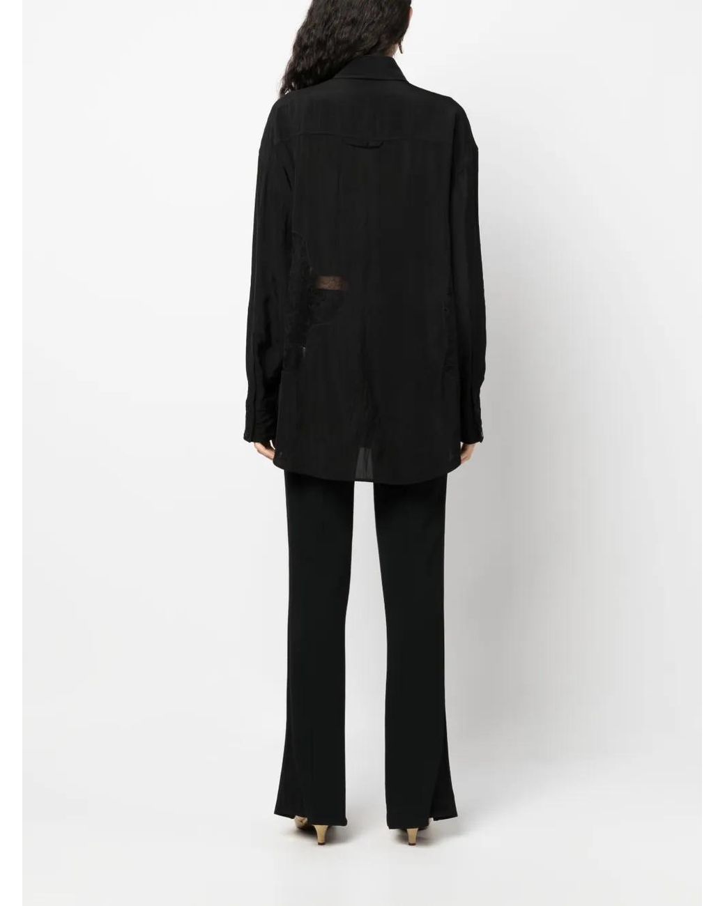 Gauchère Black Floral Lace-Appliqué Satin-Finish Shirt