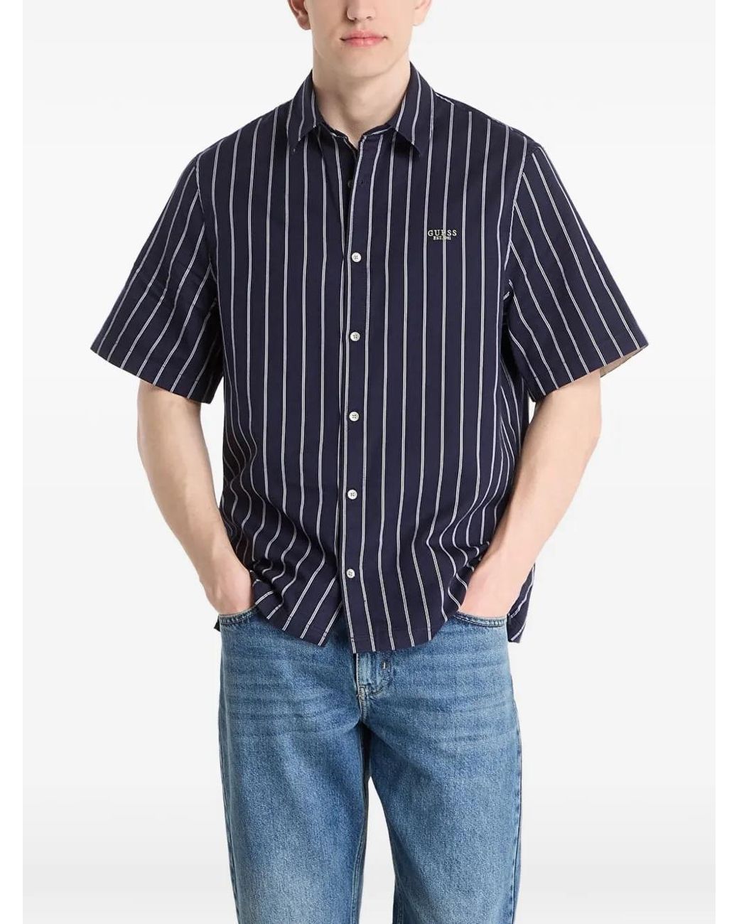 Guess Blue Vertical-Stripe Short-Sleeve Shirt for men