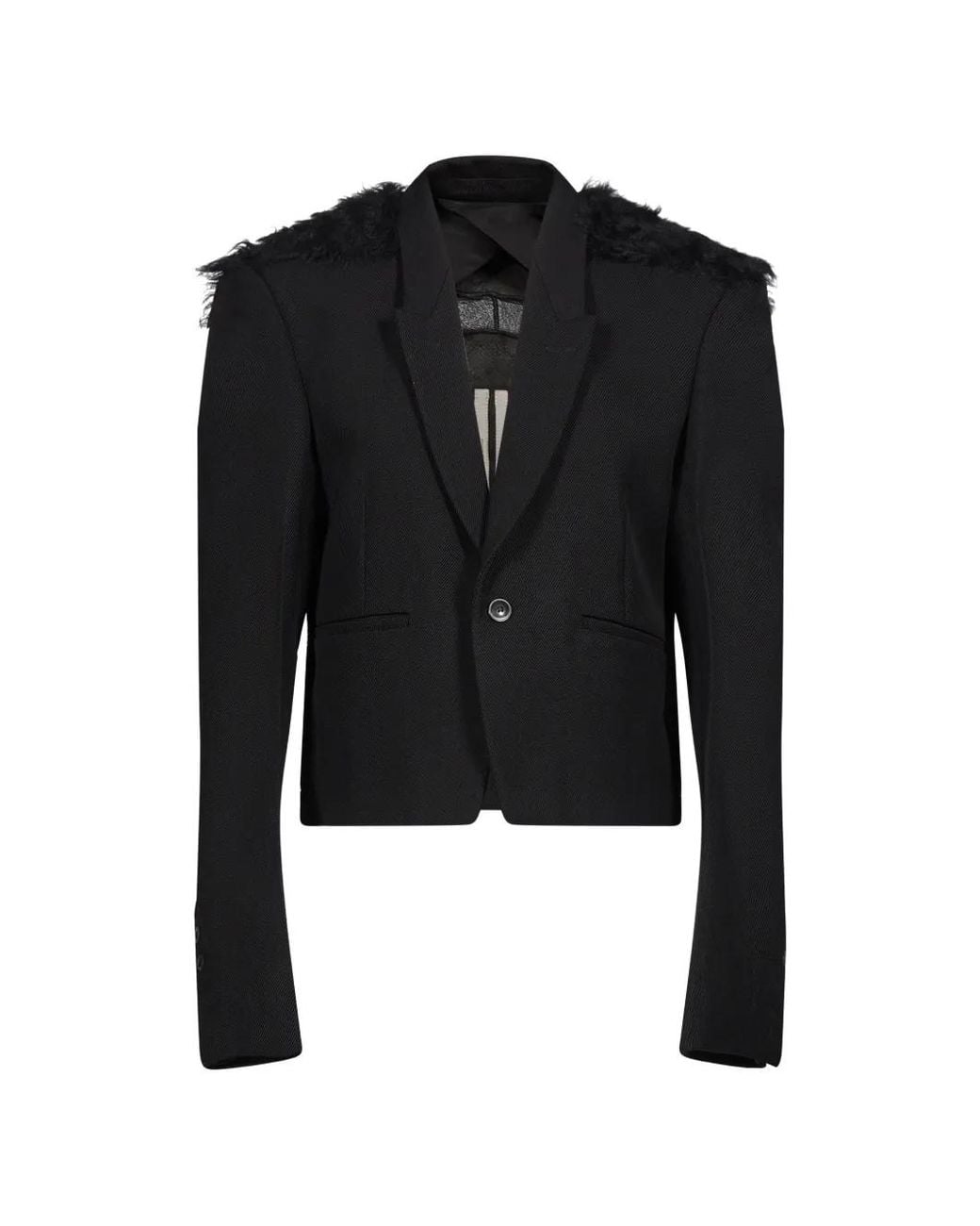 Rick Owens Black Fur-Trim Tailored Blazer