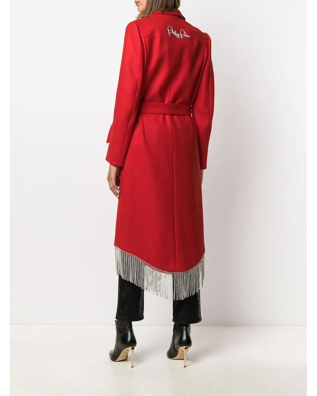 Philipp Plein Red Nara Crystal Fringel Coat