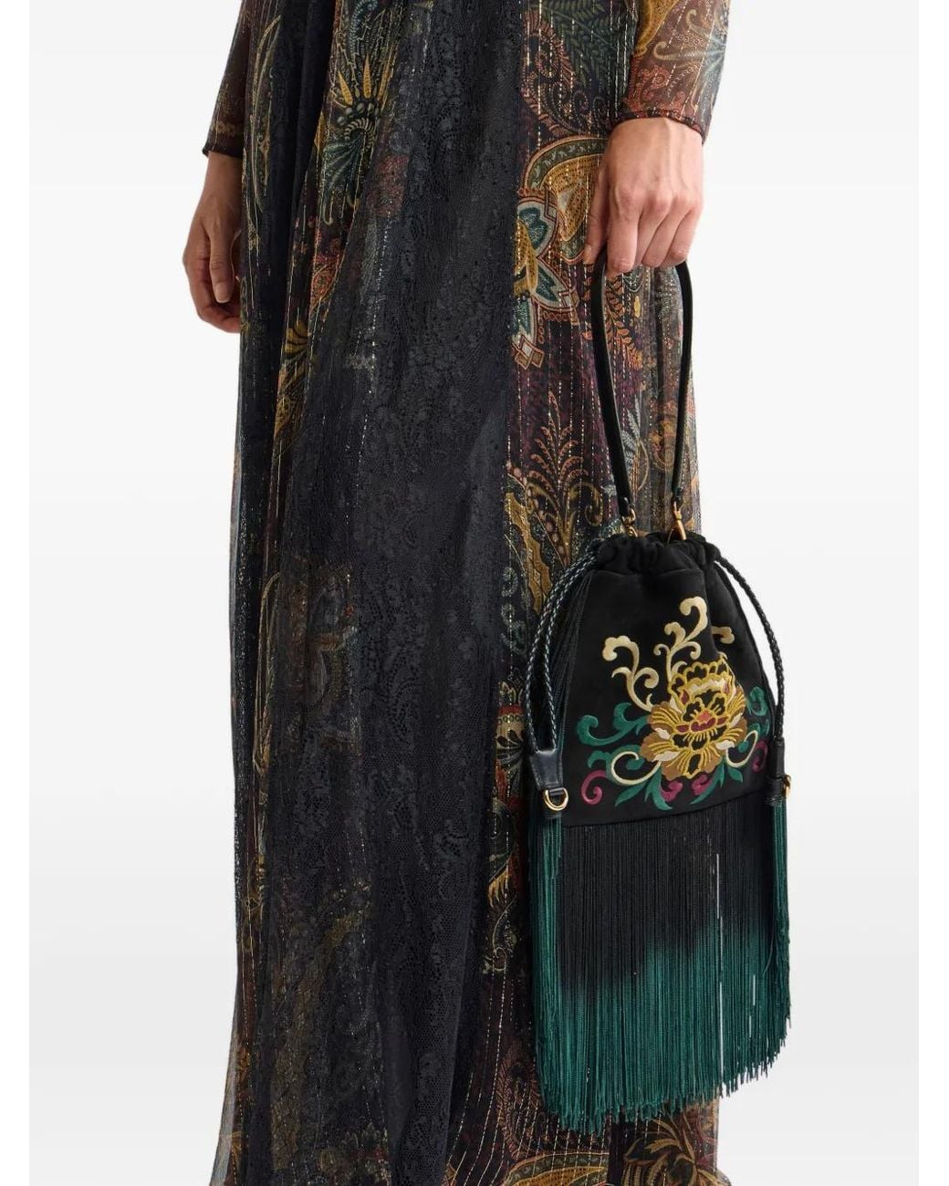 Etro Black Small Suede Kalispera Bag With Embroidered Fringing