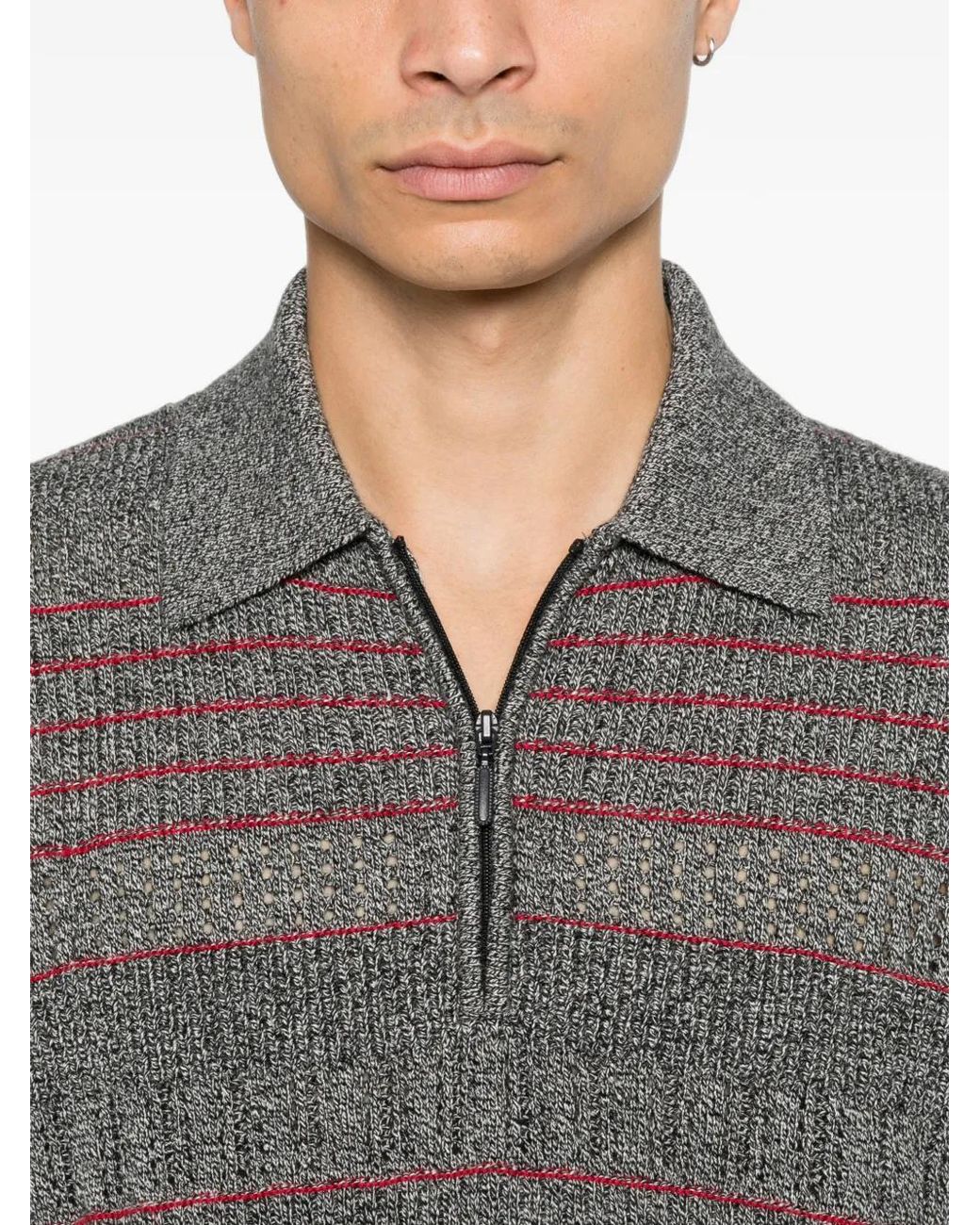 Drole de Monsieur Gray Striped Quarter-Zip Kinit Polo for men