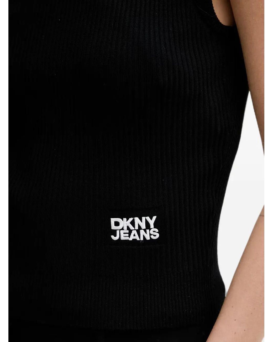 DKNY Black Geripptes Top Mit Logo-Patch