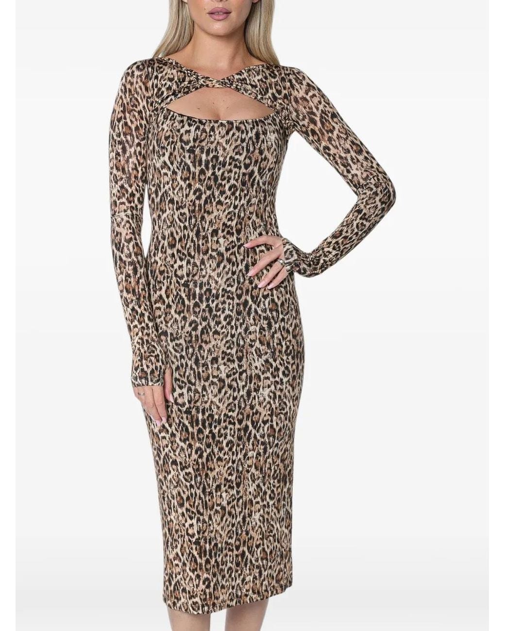 Just Cavalli Natural Leopard-Print Cutout-Detail Midi Dress