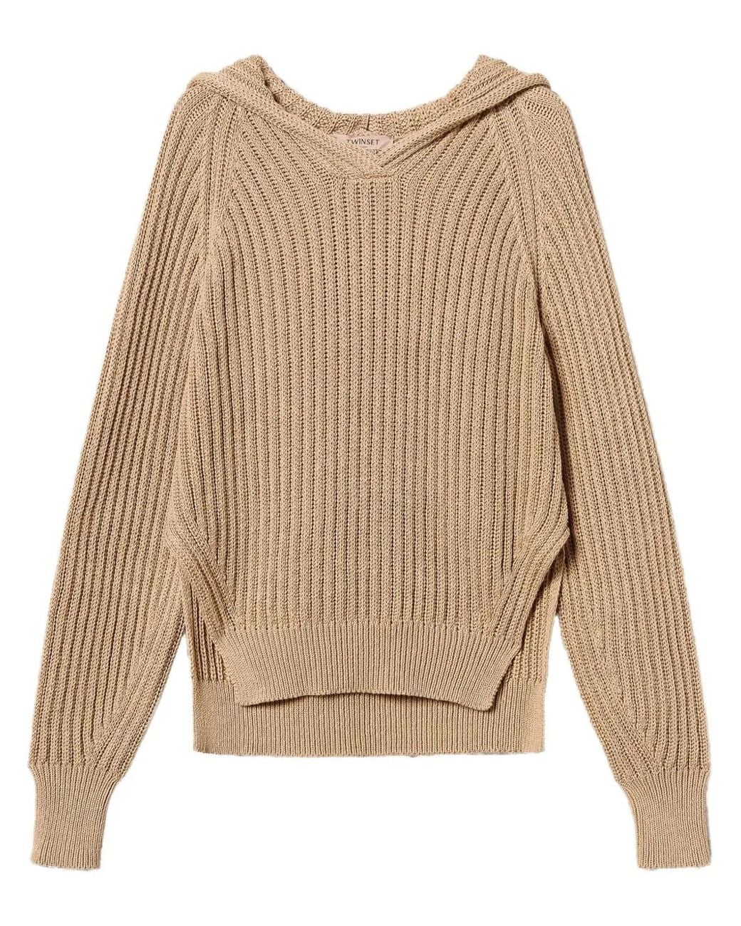 Twinset Natural Hooded Ribbed-Knit Sweater