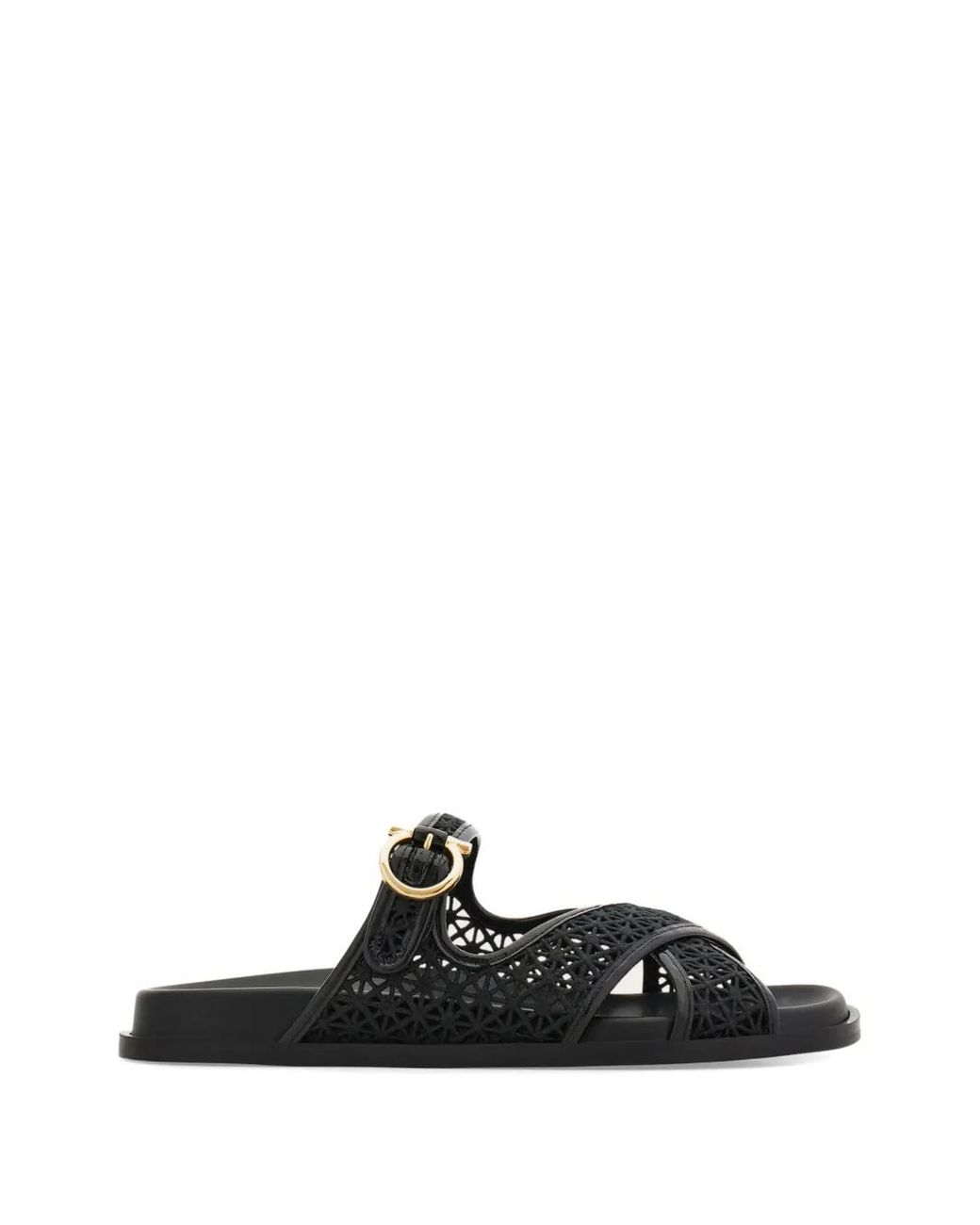 Ferragamo Black Gancini Buckle Crossover Slides