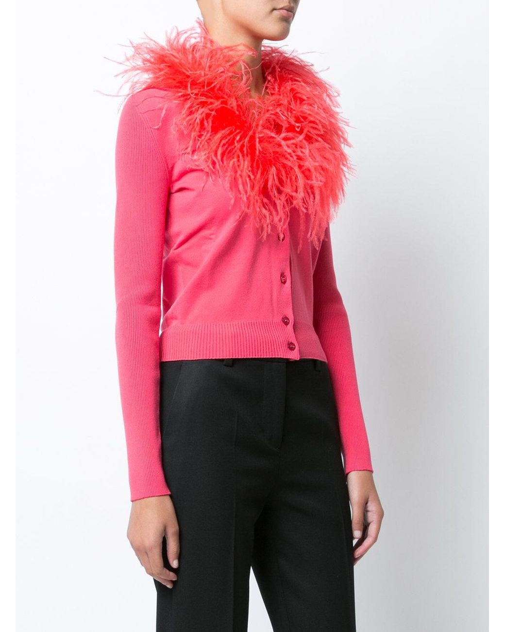 Boutique Moschino Feather Trim Cardigan in Pink | Lyst