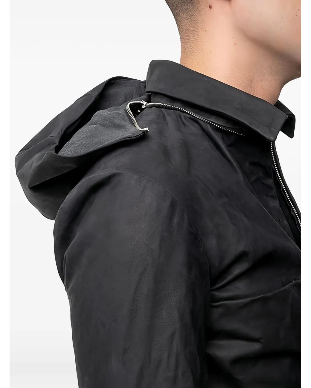Ma+ Black Detachable-Hood Leather Jacket for men
