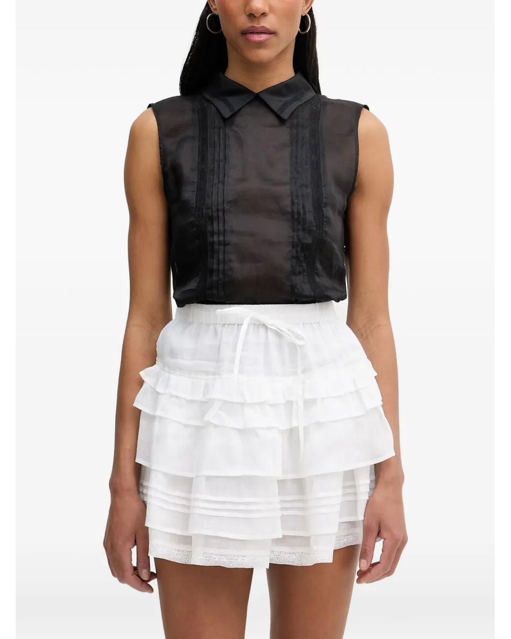 Isabelle Blanche Black Pintuck-Detail Lace-Trim Top