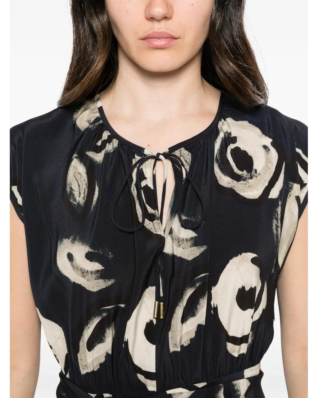 Max Mara Black Printed Tie-Waist Midi Dress